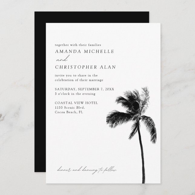Invitation Cocoa Beach Wedding Florida Black & White Elegant (Devant / Derrière)