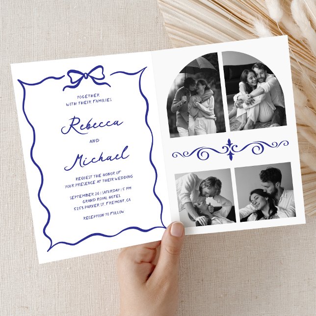 Invitation Code QR à main levée bleue Photo de mariage (Créateur téléchargé)