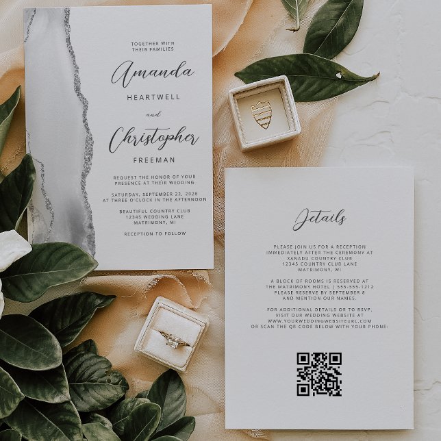 Invitation Code QR Agate Argent Gris Mariage (Créateur téléchargé)