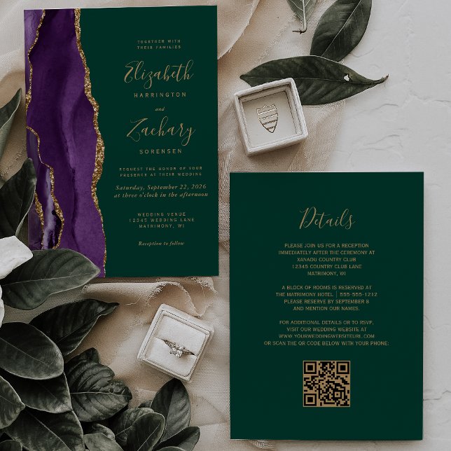 Invitation Code QR Agate Or Violet Émeraude Vert Mariage (Créateur téléchargé)