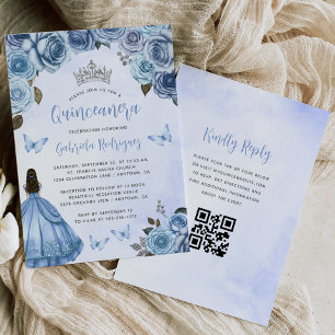 Invitation Code QR aquarelle florale argent bleu Quinceañera