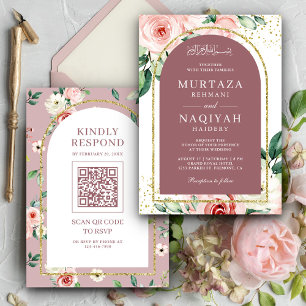 Invitation Code QR Arche Rose Poussiéreuse Fleurs Roses Maria