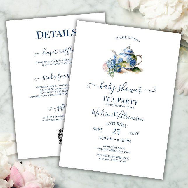 Invitation Code QR Baby Shower Thé à l'anglaise Hydrangea Ble (Créateur téléchargé)