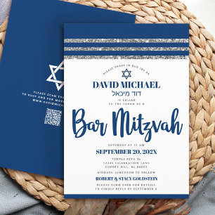 Invitation Code QR Bar Mitzvah Bleu Nuit Argent Tallit Script
