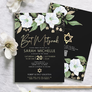 Invitation Code QR Bat Mitzvah Noir Or Floral Script Féminin