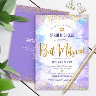 Invitation Code QR Bat Mitzvah Violet Aquarelle Paillettes Or