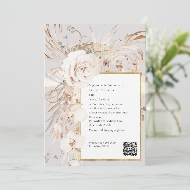 Invitation Code QR, beige élégant aquarelle mariage floral I (Debout devant)