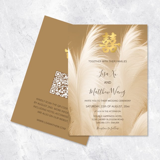 Invitation Code QR | Beige Pampas Grass Mariage chinois (Créateur téléchargé)