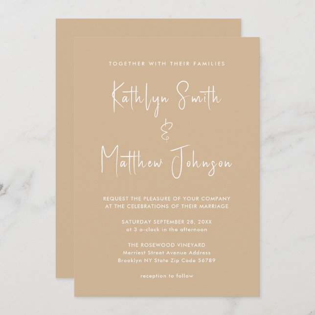 Invitation Code QR Beige Tout en un Mariage de script moderne (Devant / Derrière)