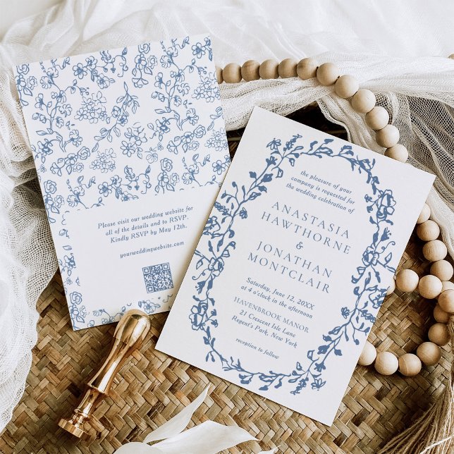 Invitation Code QR bleu élégant RSVP Vintage Wedding (Créateur téléchargé)