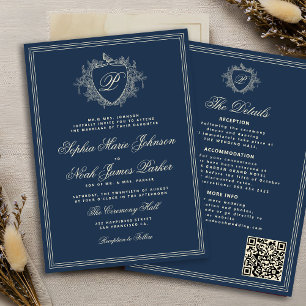 Invitation Code QR bleu marine classique monogramme mariage f