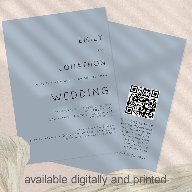 Invitation Code QR Bleu Poussière Texte Simple Mariage (Créateur téléchargé)
