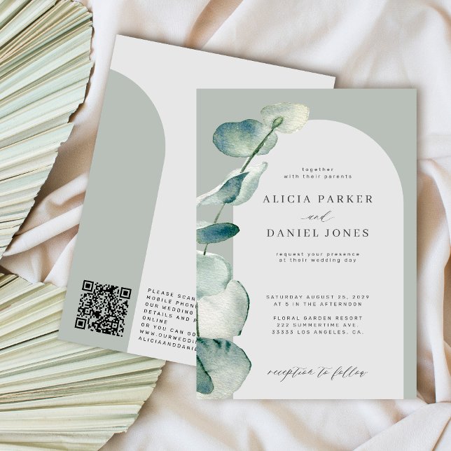 Invitation Code QR boho sauge arche verte eucalyptus mariage (Créateur téléchargé)