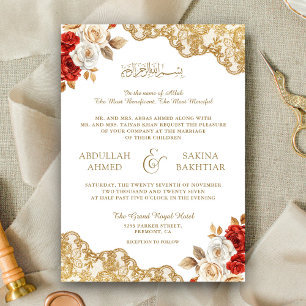 Invitation Code QR Broderie dorée Fleurs d'ivoire rouges Mari
