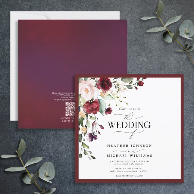 Invitation Code QR Burgundy Blush Floral Aquarelle Script (Créateur téléchargé)