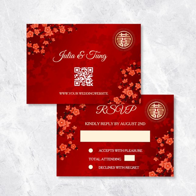 Invitation Code QR | Cherry Blossom Red RSVP Mariage chinois (Créateur téléchargé)