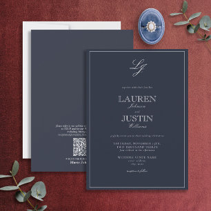 Invitation Code QR Classic Marine Bleu Script Monogramme Mari