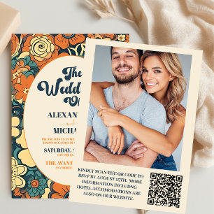 Invitation Code QR Coloré  Mariage Floral Rétro Groovy 70s
