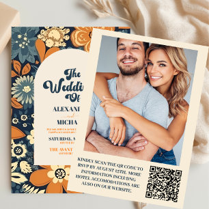 Invitation Code QR Coloré  Mariage Floral Rétro Groovy 70s