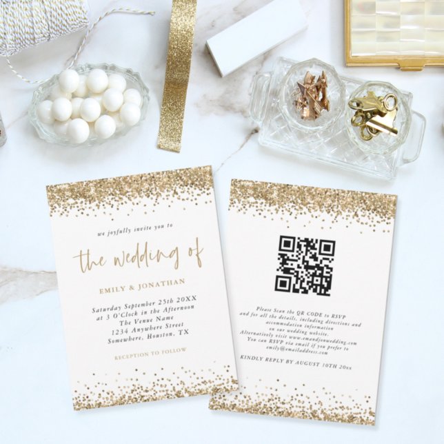 Invitation Code QR Confettis Pailletés Or Mariage (Créateur téléchargé)