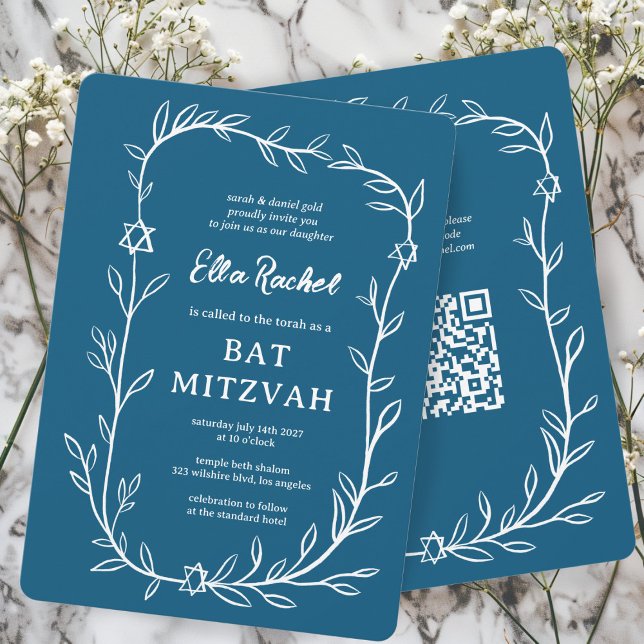 Invitation Code QR de Bat mitzvah à barres botaniques délicat (Delicate Botanical Bar Bat Mitzvah CUSTOM QR Code Invitation Blue White Hand Drawn Elegant
)
