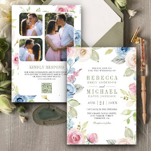 Invitation Code QR de Collage Photo Floral de Mariage de Prin