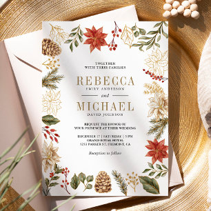 Invitation Code QR de fleurs de Noël en or rouge pour mariage