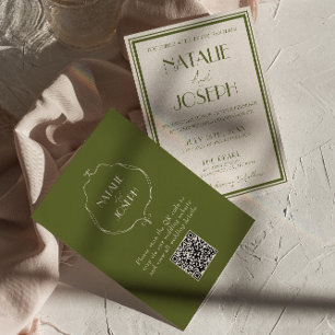 Invitation Code QR de luxe vert olive argent ancien mariage é