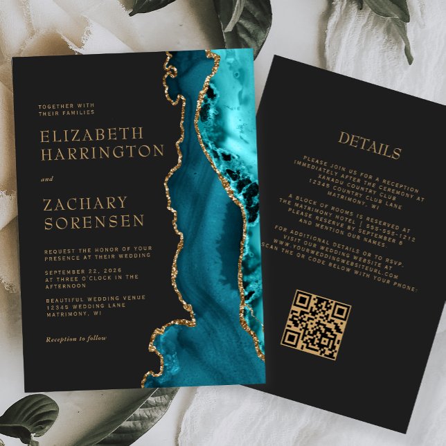 Invitation Code QR de mariage à l'agate bleu sarcelle or (Créateur téléchargé)