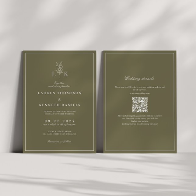 Invitation Code QR de mariage à monogramme de feuille de vert (Créateur téléchargé)