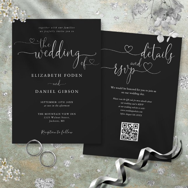 Invitation Code QR de mariage à script de coeur noir et blanc (Black And White Heart Script QR Code Wedding Invitation)