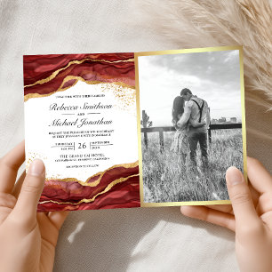 Invitation Code QR de mariage abstrait encre dorée Bourgogne