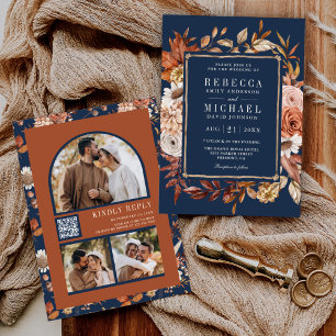 Invitation Code QR de mariage bleu marine avec fleurs en terr