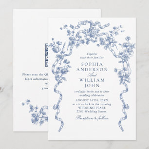 Invitation Code QR de mariage bleu poussiéreux floral orné vi