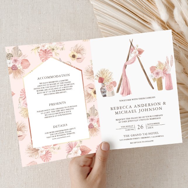 Invitation Code QR de mariage bohème floral rose poussiéreux  (Créateur téléchargé)