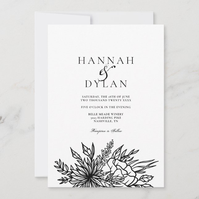 Invitation Code QR de mariage Bouquet Botanique Esquisse (Devant)