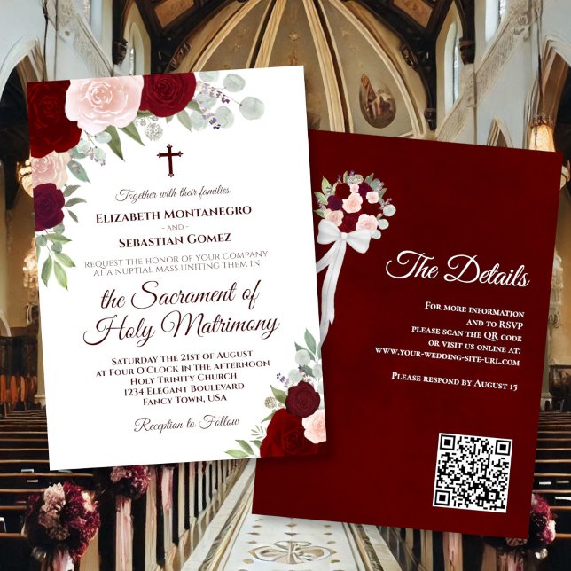 Invitation Code QR de mariage catholique aux roses bohèmes de (front/back)