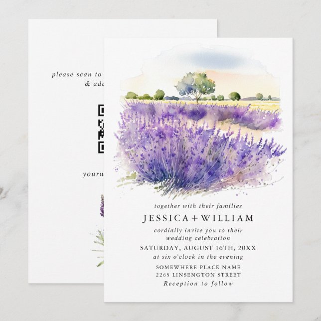 Invitation Code QR de mariage champ de fleurs de lavande à l' (Devant / Derrière)
