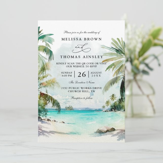Invitation Code QR de mariage de scène de plage d'arbres de p (Debout devant)