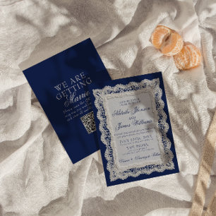 Invitation Code QR de mariage dentelle bleu royale Old Money