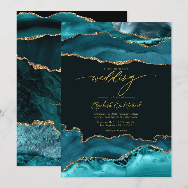 Invitation Code QR de mariage élégant sarcelle et agate dorée (Devant / Derrière)