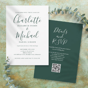 Invitation Code QR de mariage élégant vert émeraude