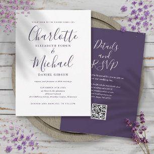 Invitation Code QR de mariage élégant violet écriture manuscr