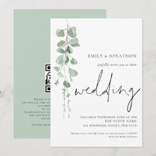Invitation Code QR de mariage en écriture moderne Eucalyptus 