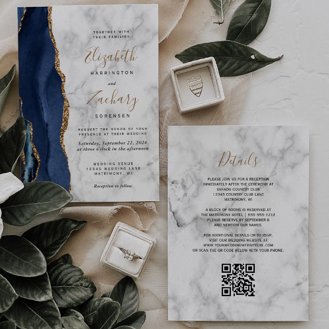 Invitation Code QR de mariage en marbre d'agate or bleu marin (Créateur téléchargé)
