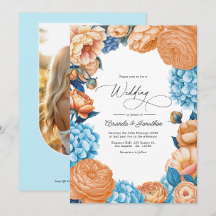 Invitation Code QR de mariage floral aquarelle pêche et bleu