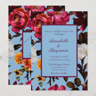 Invitation Code QR de mariage floral bleu poussiéreux et burg