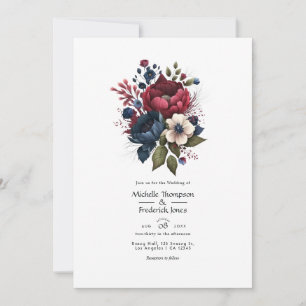 Invitation Code QR de mariage floral bordeaux et marine