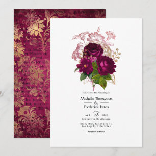 Invitation Code QR de mariage floral shabby or Bourgogne Blus
