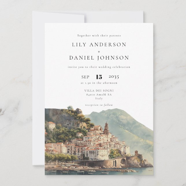 Invitation Code QR de mariage italien à l'aquarelle d'Amalfi (Devant)